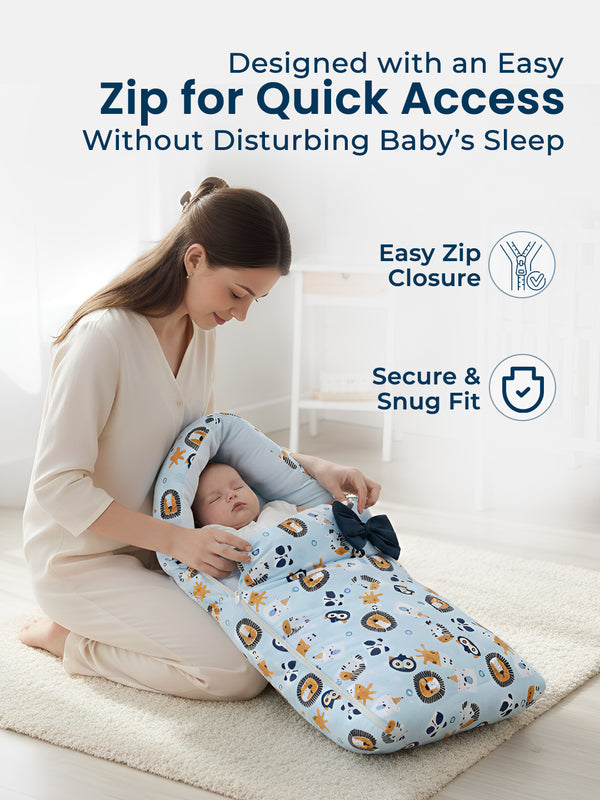 Polka Tots Baby Sleeping Nest Cotton Carry Pod Bedding for Newborn Sleeping Bag with a Bow - Lion print Blue