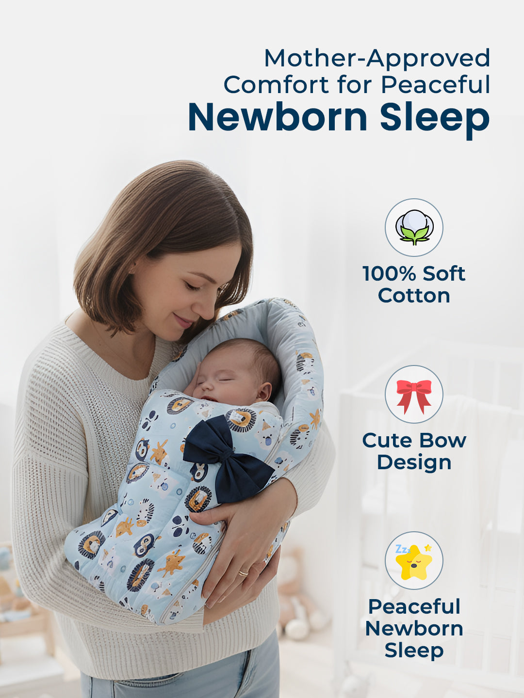 Woman holding a baby wrapped in a soft cotton swaddle with a bow design, set against a white background.