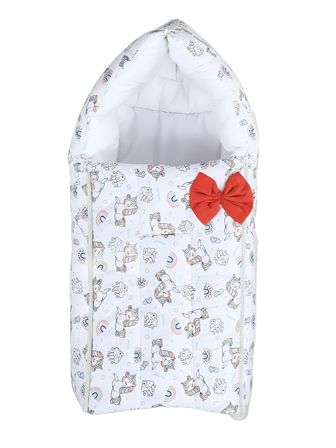 Baby sleeping bag with unicorn pattern and red bow on a white background