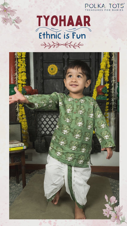 Polka Tots 100% Super Soft Cotton Tribal Print Full Sleeve Kurta With Dhoti Set - Green