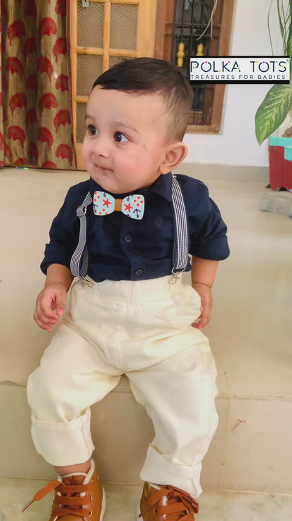 Polka Tots plain party shirt with wood bow tie and stripe suspender - Blue