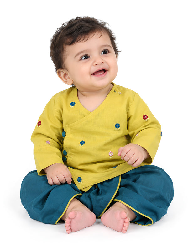 Polka Tots Full sleeves Flower Embroidery Angrakha With Dhoti Set - Green