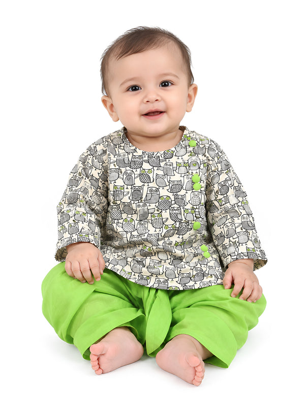 Polka Tots Full Sleeve Owl print Angrakha With Dhoti - Green