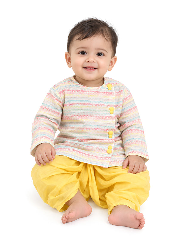 Polka Tots Full Sleeve Stripe Angrakha With Dhoti - Yellow
