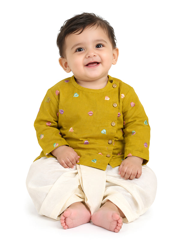 Polka Tots Full Sleeve Leaf Embroidery Angrakha Top With Dhoti - Yellow