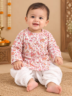 Polka Tots Cotton Full Sleeve Jungle Safari Print Angrakha Top With Dhoti - Pink