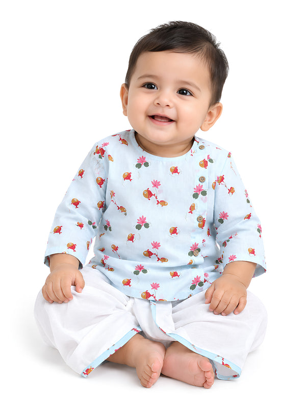 PolkaTots Full Sleeves Jal Tarang Print Angrakha Top with Dhoti- Blue