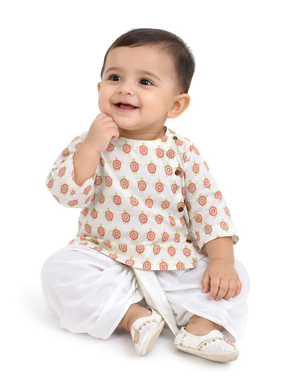 Polka Tots Turtle Print Angrakha Top With Dhoti - Multicolour