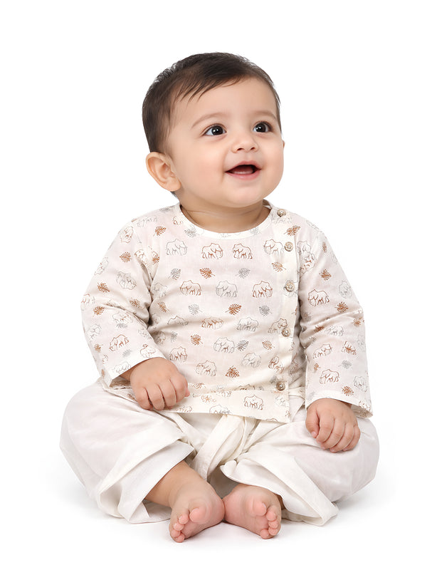 Gajju Collection: Brown & Grey Elephant Linear Print Angrakha With Dhoti – White