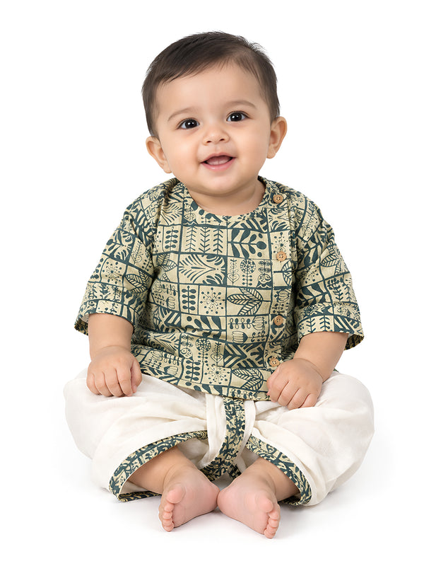Polka Tots 100% Super Soft Cotton Full Sleeve Geometric Print Angrakha Top With Dhoti - Cream & Grey