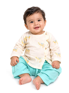 Polka Tots Full Sleeve Camel Embroidery Angrakha Top With Dhoti - cream