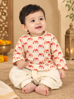 Polka Tots Full Sleeve Camel Print Angrakha Top With Dhoti - Cream
