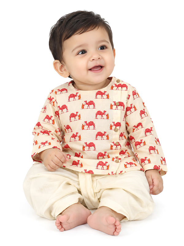 Polka Tots Full Sleeve Camel Print Angrakha Top With Dhoti - Cream