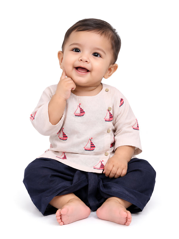 Polka Tots Full Sleeves Boat Embroidery Angrakha with Dhoti - Grey