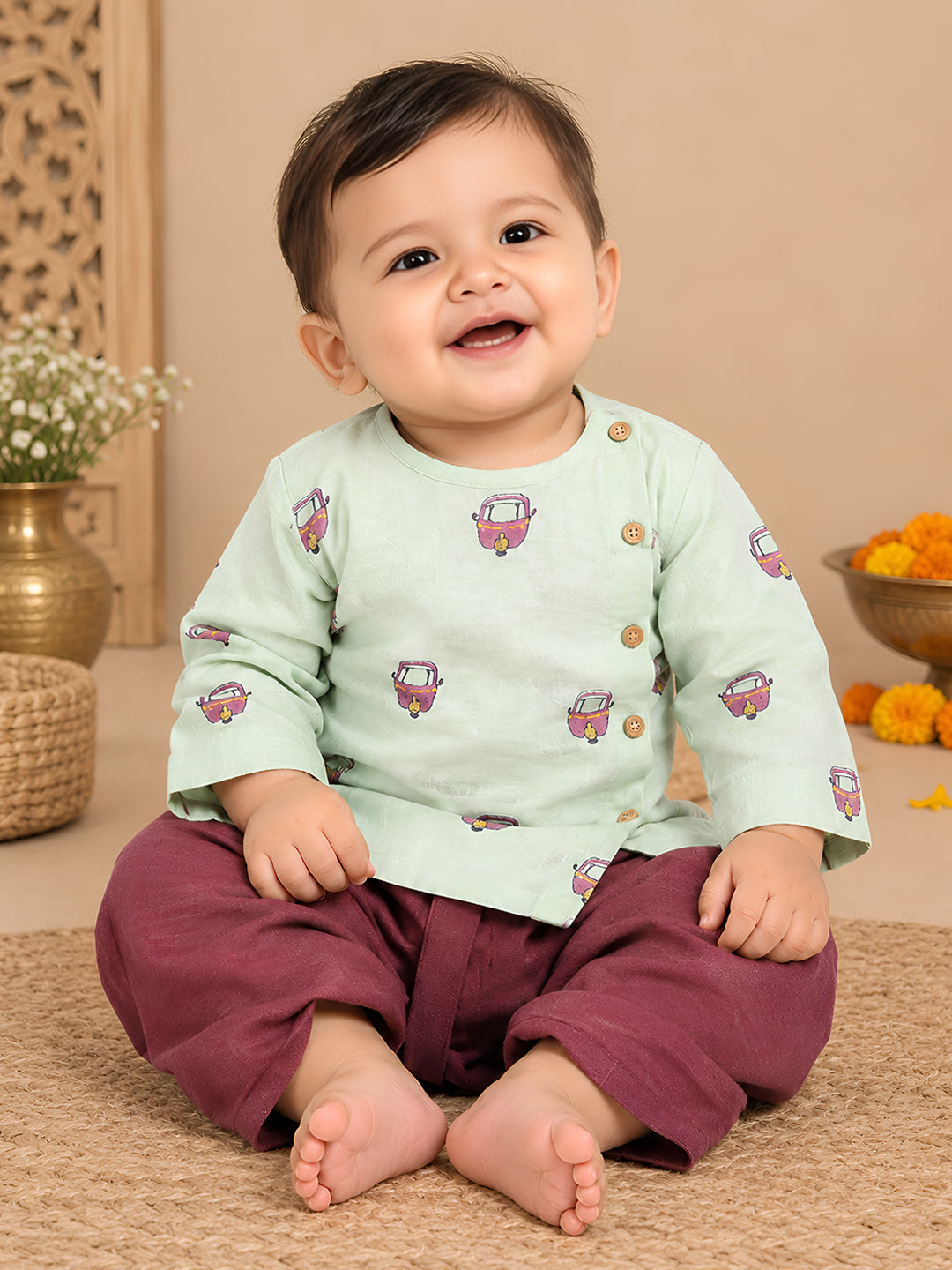 Polka Tots Full Sleeves Rickshaw Embroidery Angrakha with Dhoti - Green