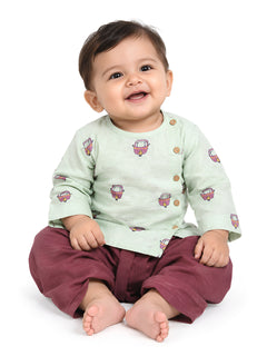 Polka Tots Full Sleeves Rickshaw Embroidery Angrakha with Dhoti - Green