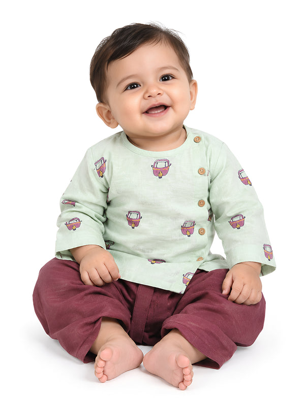 Polka Tots Full Sleeves Rickshaw Embroidery Angrakha with Dhoti - Green