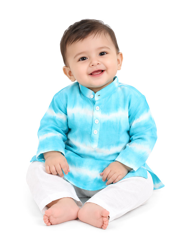 Polka Tots Full Sleeve Tie Dye Stripe Kurta Pyjama Set - Blue