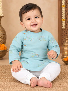 Polka Tots Full Sleeve Cycle Embroidery Kurta Pyjama Set - Blue