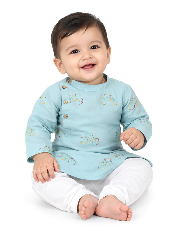 Polka Tots Full Sleeve Cycle Embroidery Kurta Pyjama Set - Blue