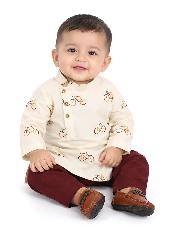 Polka Tots Full Sleeve Cycle Embroidery Kurta Pyjama Set - Cream