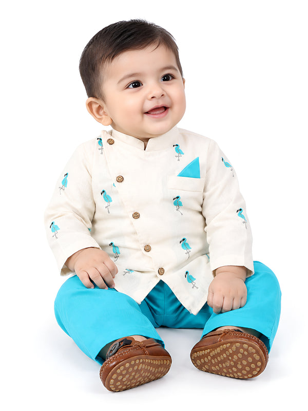 Polka Tots Full Sleeves Flamingo Embroidery Kurta Pyjama Set - White