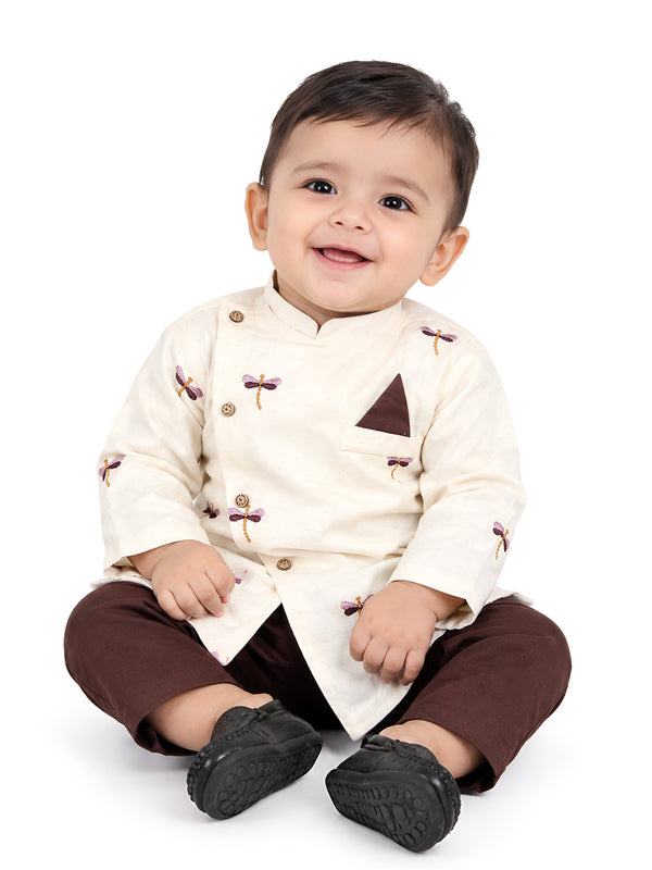 Polka Tots Full Sleeve Butterfly Embroidery Kurta Pyjama Set - Magenta