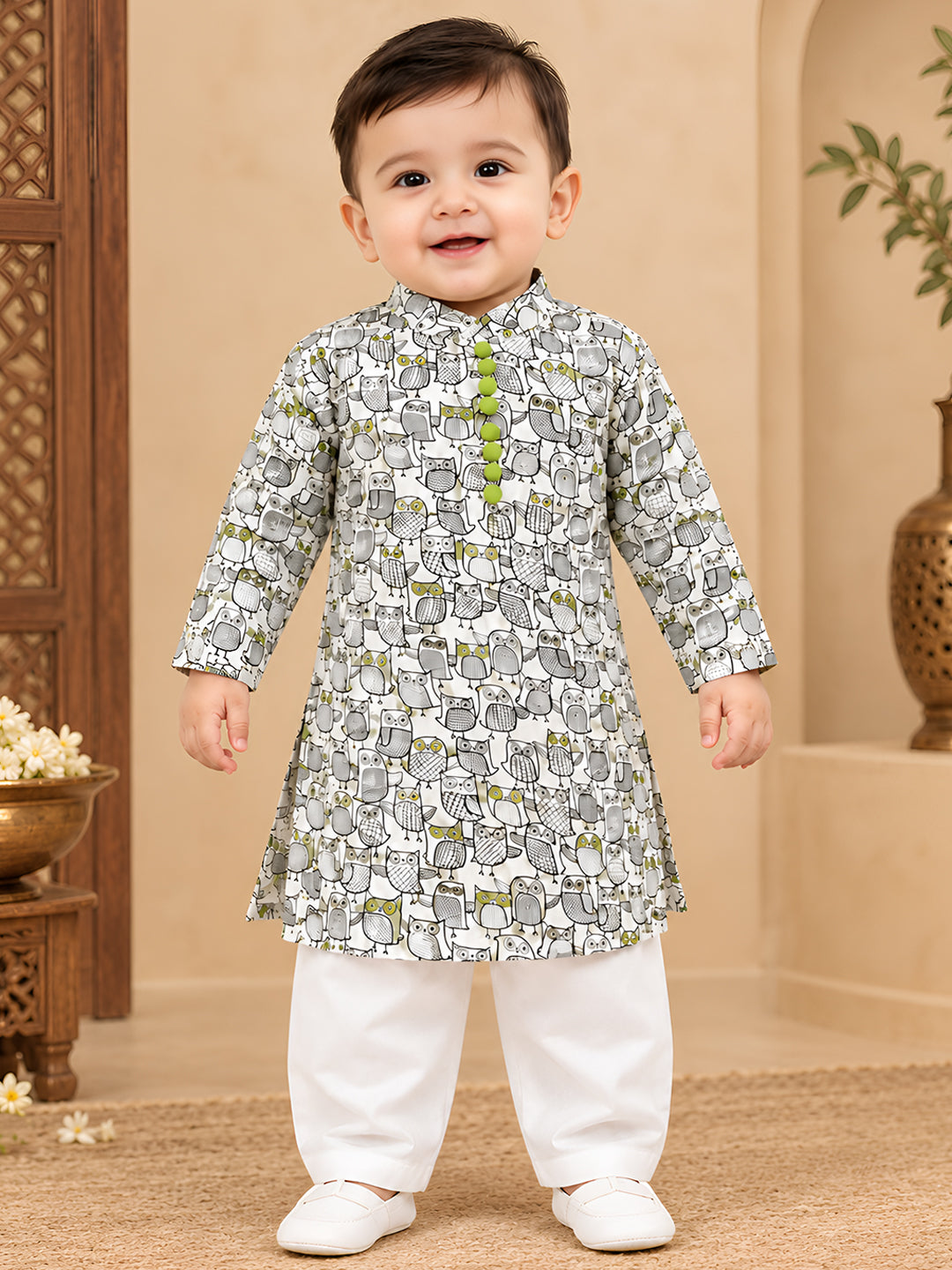 Polka Tots Full Sleeve Owl print Kurta Pyjama Set - Off White