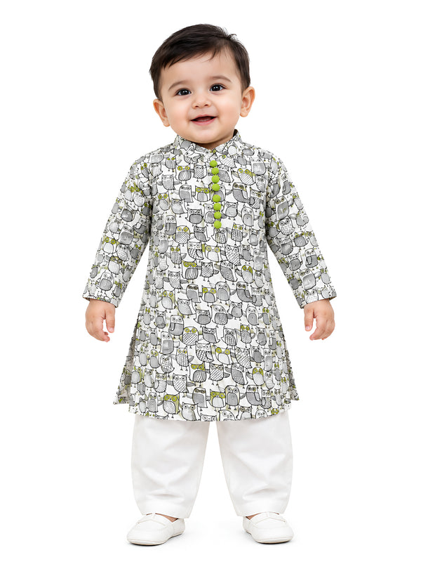Polka Tots Full Sleeve Owl print Kurta Pyjama Set - Off White