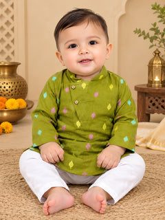 Polka Tots Full Sleeve Leaf embroidery Kurta Pyjama Set - Green