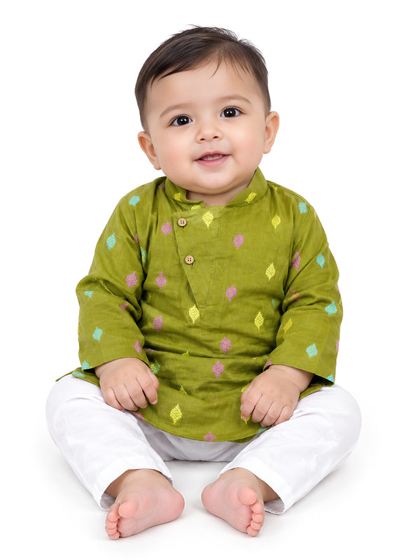 Polka Tots Full Sleeve Leaf embroidery Kurta Pyjama Set - Green