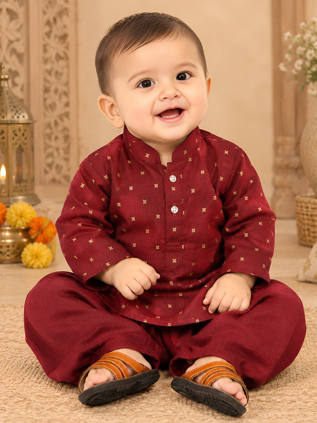 Polka Tots Full Sleeve Ethnic Motif Kurta Pyjama Set - Maroon