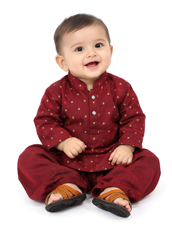 Polka Tots Full Sleeve Ethnic Motif Kurta Pyjama Set - Maroon
