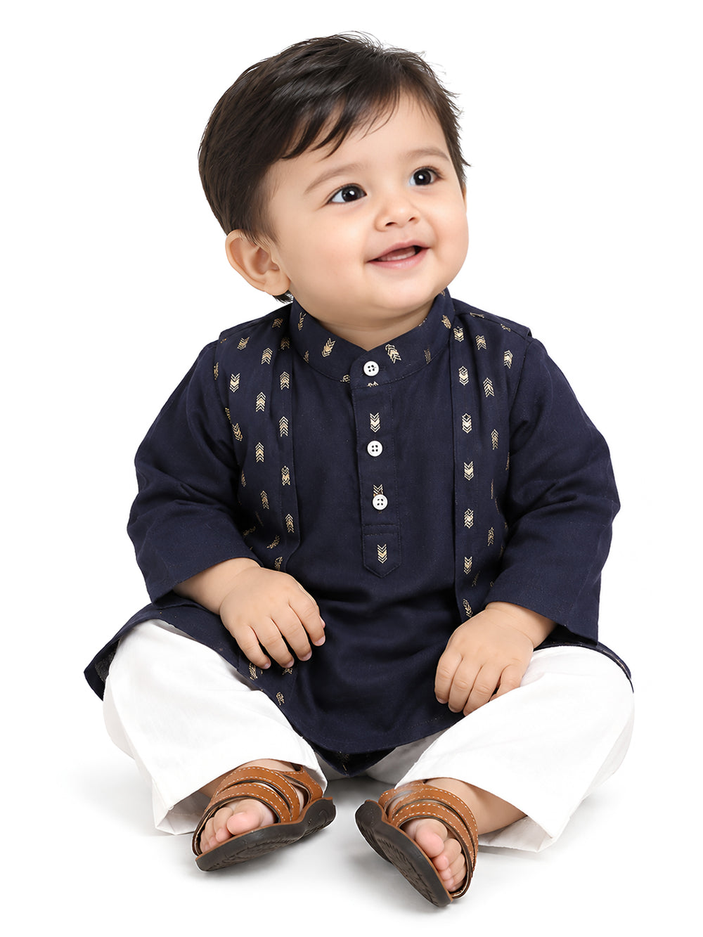 Polka Tots Full Sleeve Ethnic Motif Kurta Pyjama Set with Attached Koti - Navy