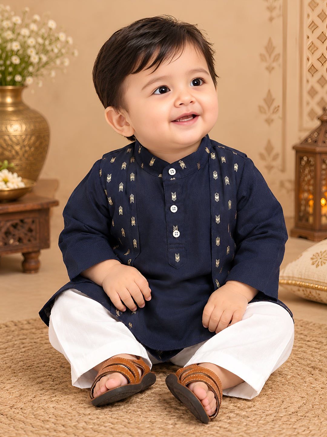 Polka Tots Full Sleeve Ethnic Motif Kurta Pyjama Set with Attached Koti - Navy