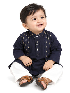 Polka Tots Full Sleeve Ethnic Motif Kurta Pyjama Set with Attached Koti - Navy
