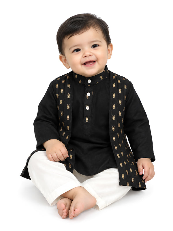 Polka Tots Full Sleeve Ethnic Motif Kurta Pyjama Set with Attached Koti - Black