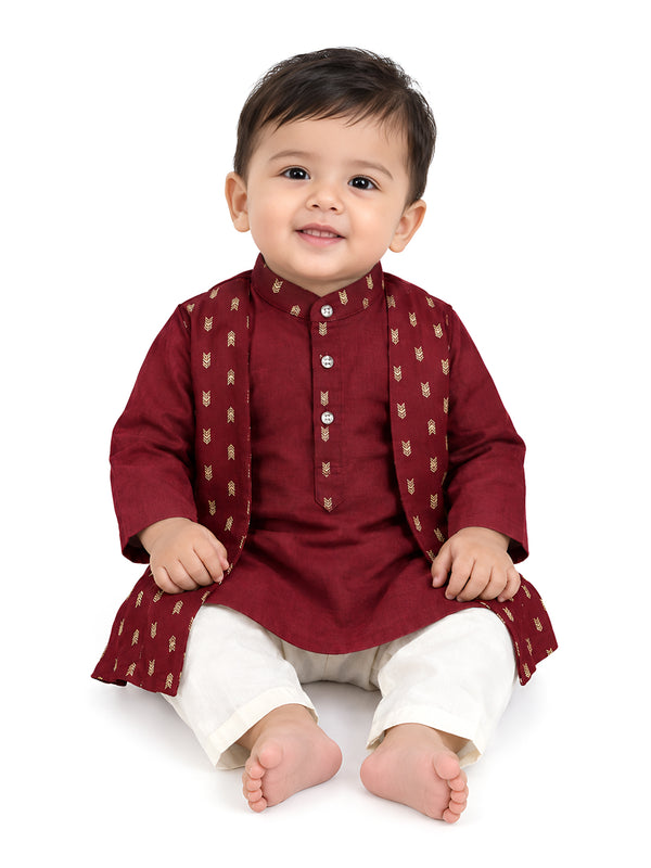 Polka Tots Full Sleeve Ethnic Motif Kurta Pyjama Set with Attached Koti - Maroon