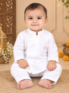 Polka Tots Full Sleeve Solid Ethnic Kurta Pyjama Set - White