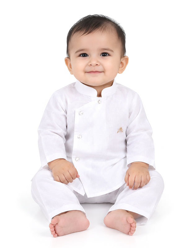 Polka Tots Full Sleeve Solid Ethnic Kurta Pyjama Set - White
