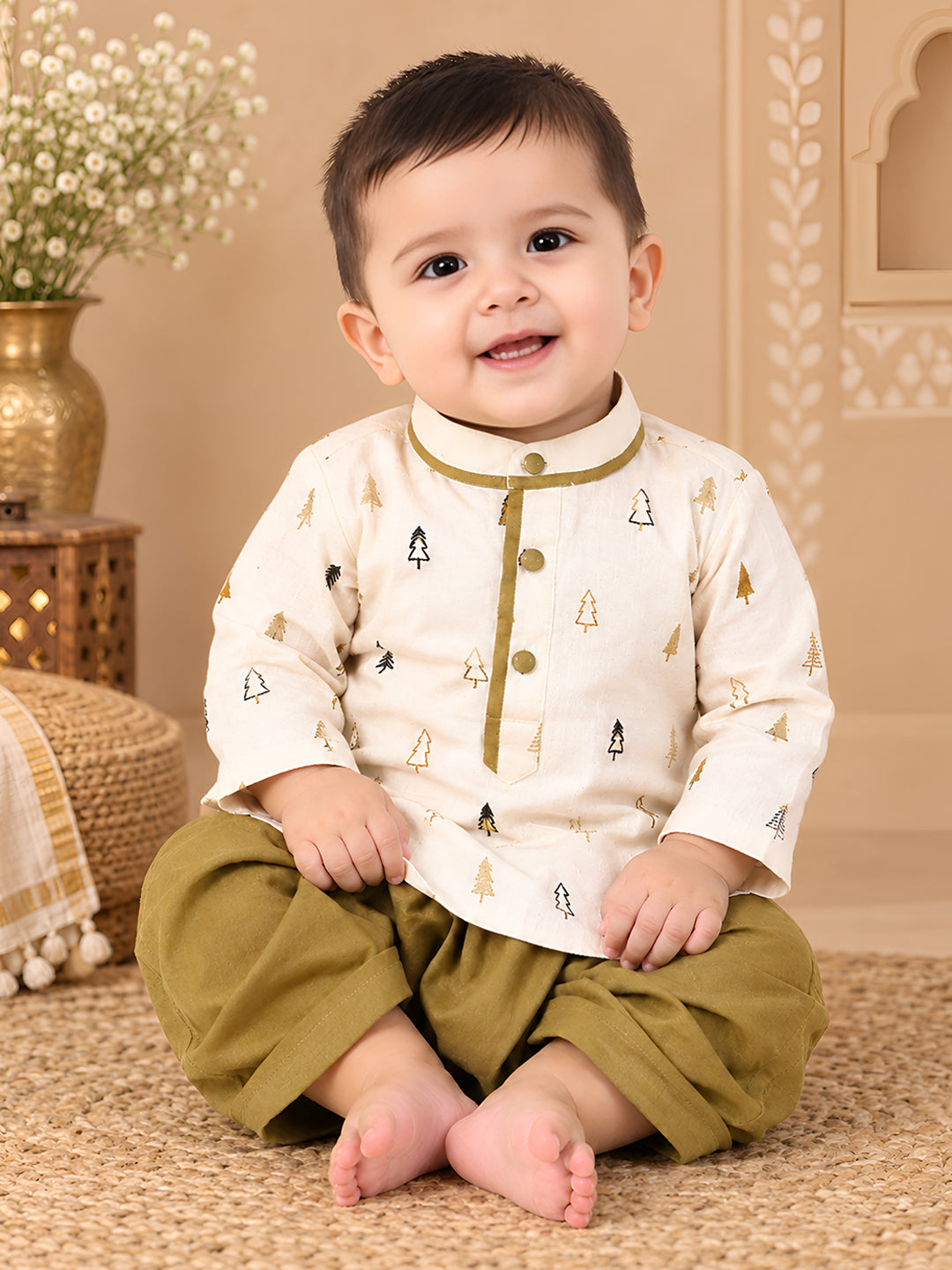Polka Tots Full Sleeve Christmas tree Embroidery Kurta With Dhoti Set - Brown