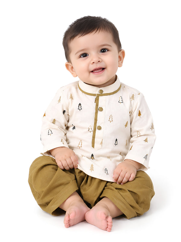 Polka Tots Full Sleeve Christmas tree Embroidery Kurta With Dhoti Set - Brown