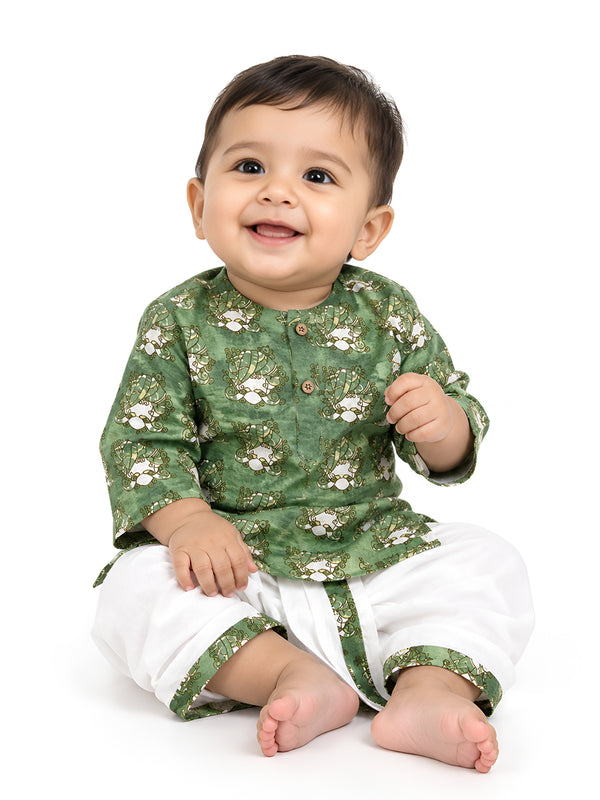 Polka Tots 100% Super Soft Cotton Tribal Print Full Sleeve Kurta With Dhoti Set - Green