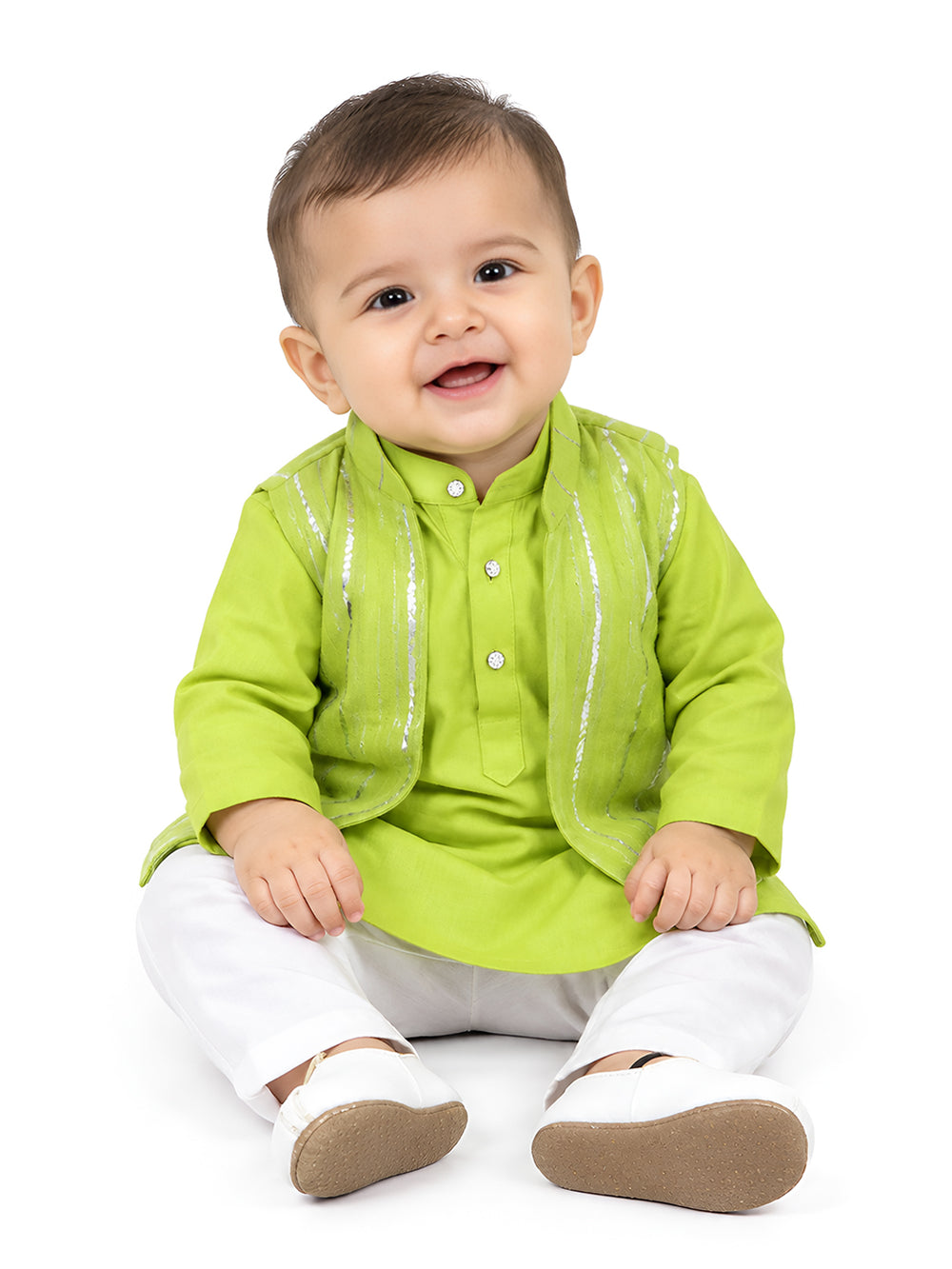 Polka Tots Full Sleeve Ethnic Kurta Pyjama Set with Foil Striped Koti - Neon Green