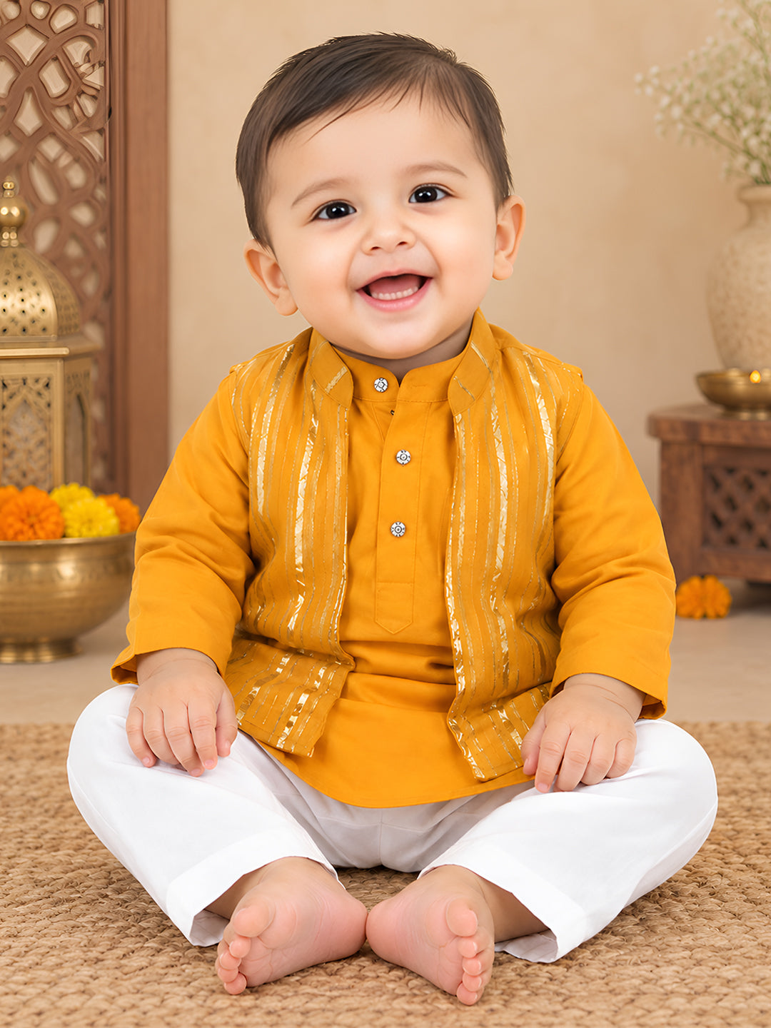 Polka Tots Full Sleeve Ethnic Kurta Pyjama Set with Foil Striped Koti - Orange