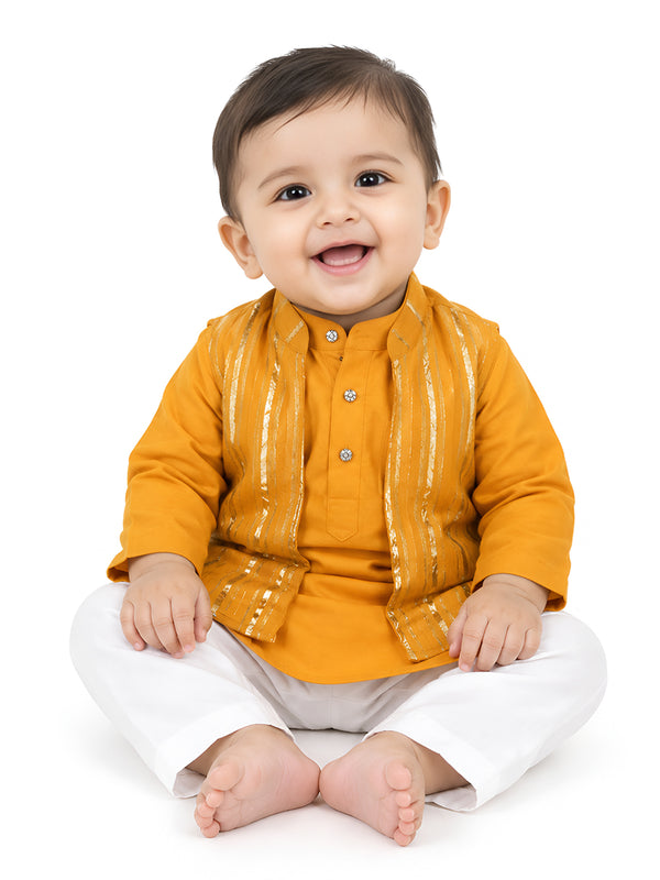 Polka Tots Full Sleeve Ethnic Kurta Pyjama Set with Foil Striped Koti - Orange