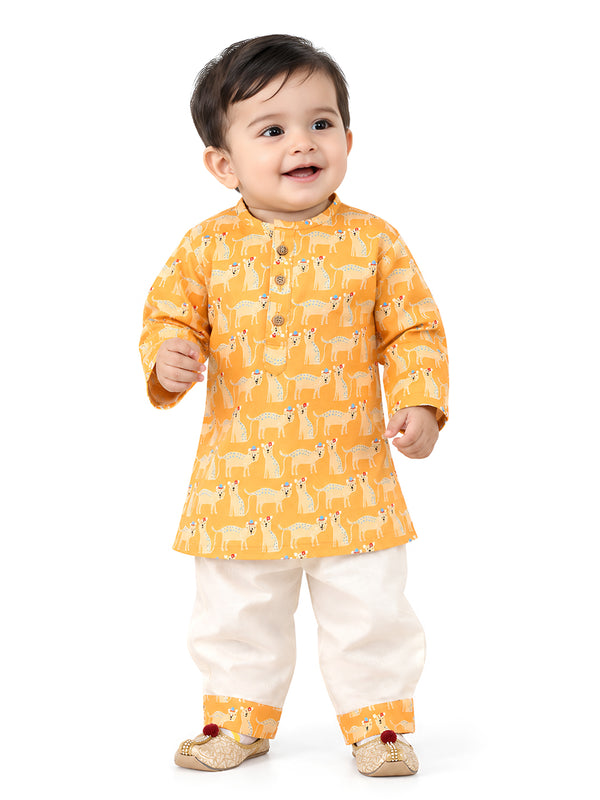 Polka Tots Cheetah print Full Sleeves Nightwear Kurta pyjama set - Yellow