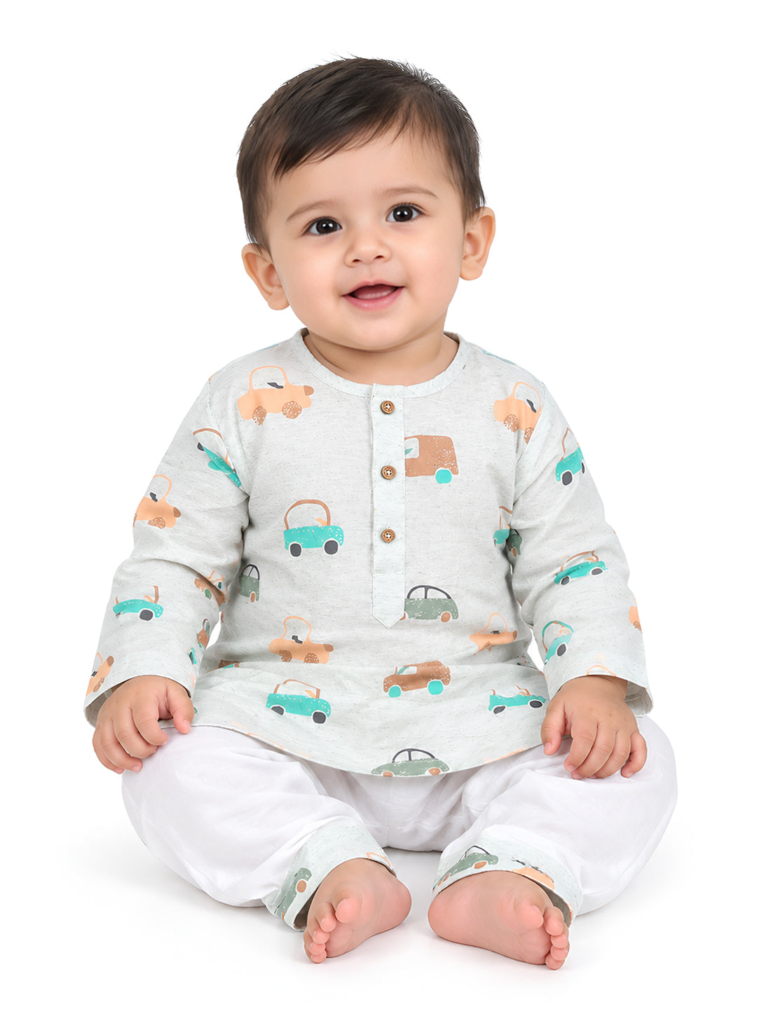 Nautanki Tales Collection: Full-Sleeve Car Print Nightwear Kurta Pyjama Set – Green