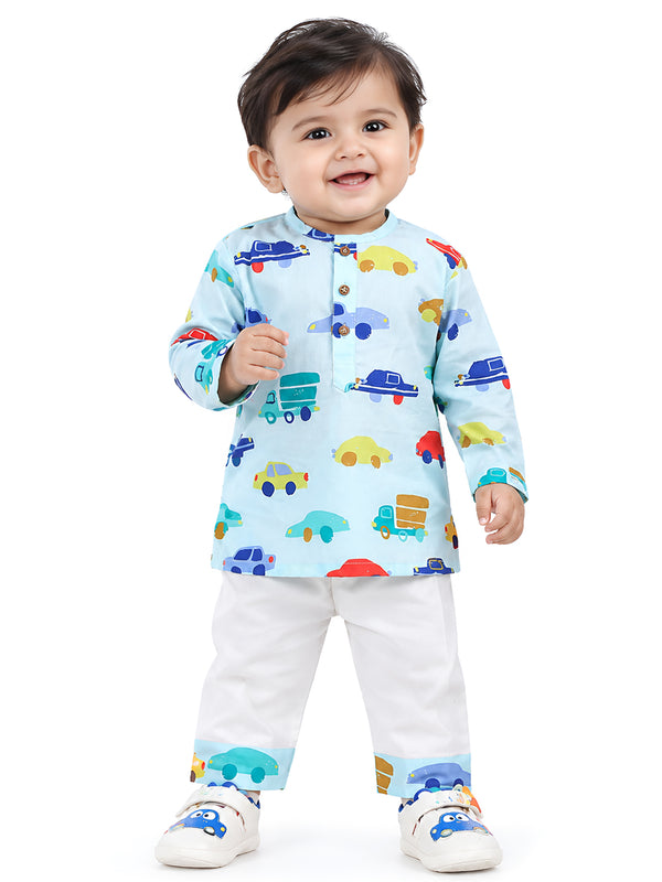 Nautanki Tales Collection: Vehicles Print Full-Sleeve Nightwear Kurta Pyjama Set – Blue