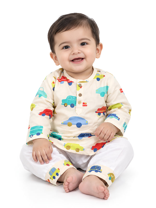 Nautanki Tales Collection: Car Print Full-Sleeve Nightwear Kurta Pyjama Set – Yellow